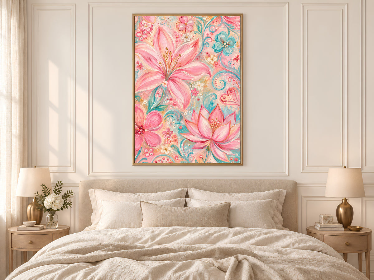 Pink Floral Wall Art, Pastel Lily and Lotus Painting, Pink and Teal Impasto Style Flower Print, Printable Digital Download