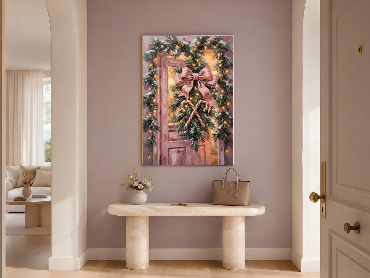 Pink Christmas Door Print, Velvet Bow Wall Art - Digital Download
