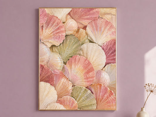 Scallop shell wall art print in pink, coral, and sage green impasto brushstrokes, coastal grandmother painting digital download