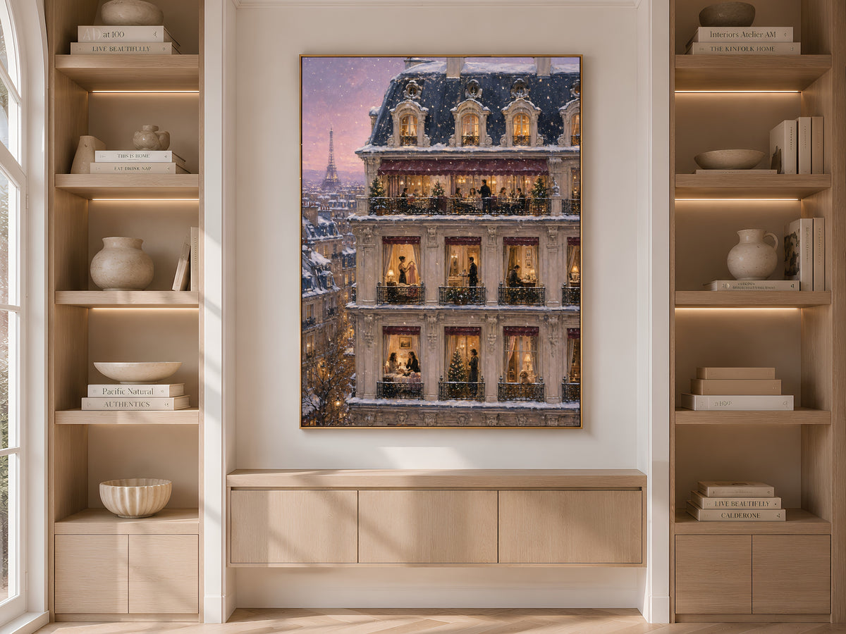 Snowy Parisian wall art framed on built-in bookshelf in neutral living room