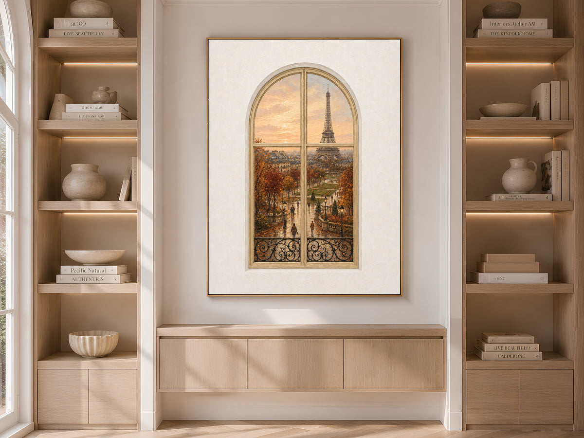 Paris Window Wall Art, Eiffel Tower Autumn Sunset Print - Digital Download