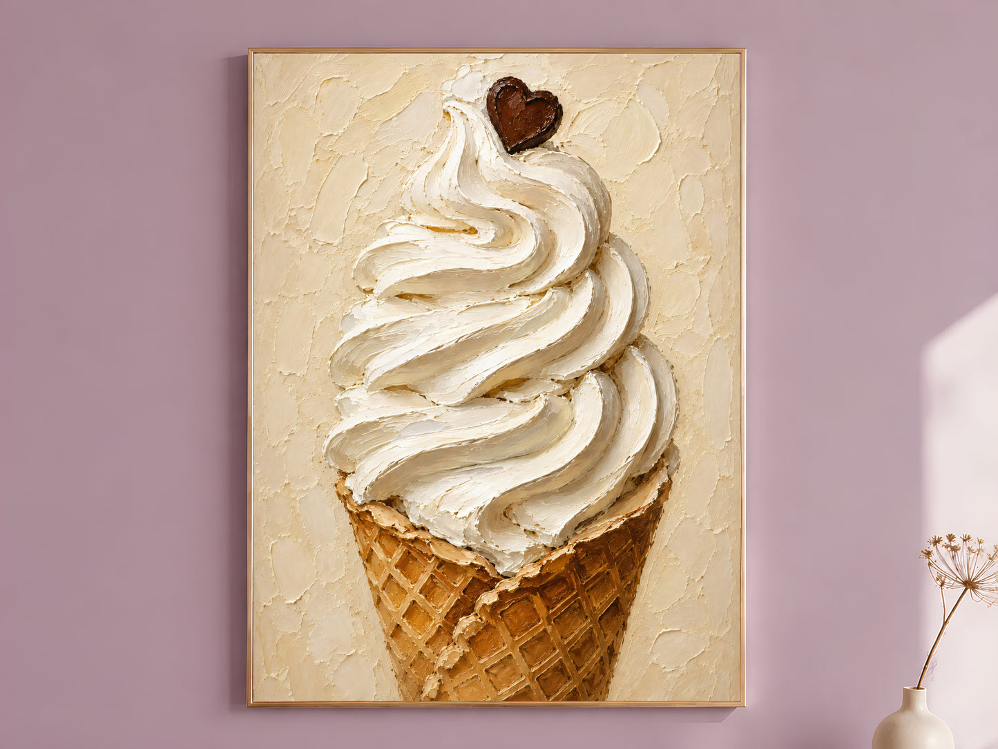 Impasto oil painting style ice cream wall art print in a thin wood frame displayed against a dusty mauve wall, showing a swirling soft serve cone in warm cream tones topped with a small chocolate heart