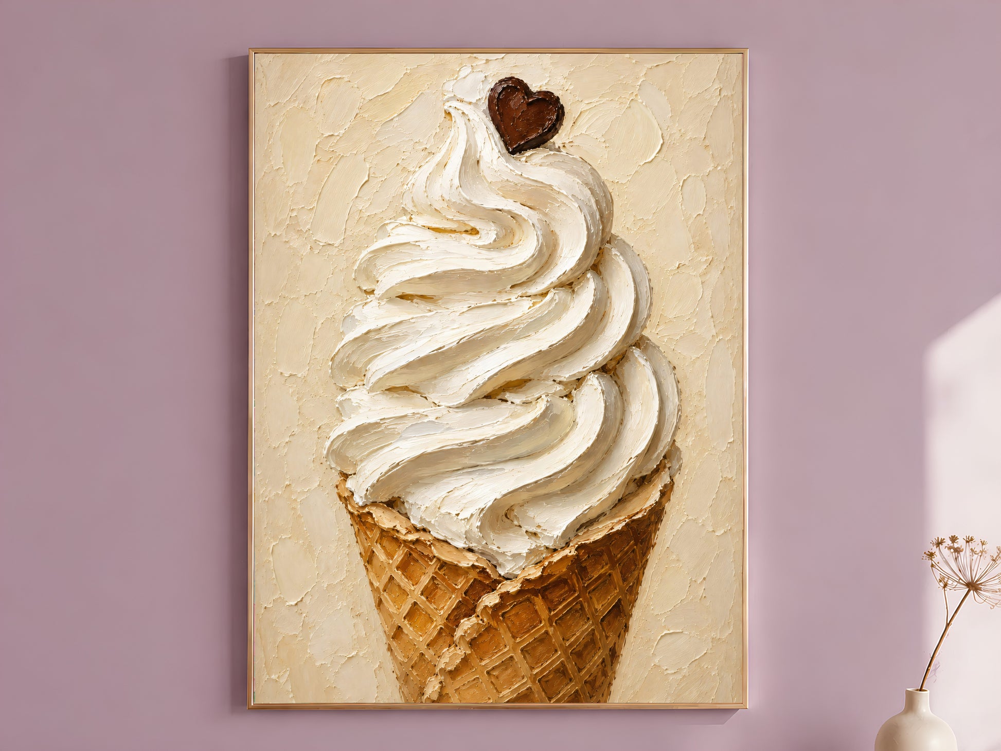 Impasto oil painting style ice cream wall art print in a thin wood frame displayed against a dusty mauve wall, showing a swirling soft serve cone in warm cream tones topped with a small chocolate heart