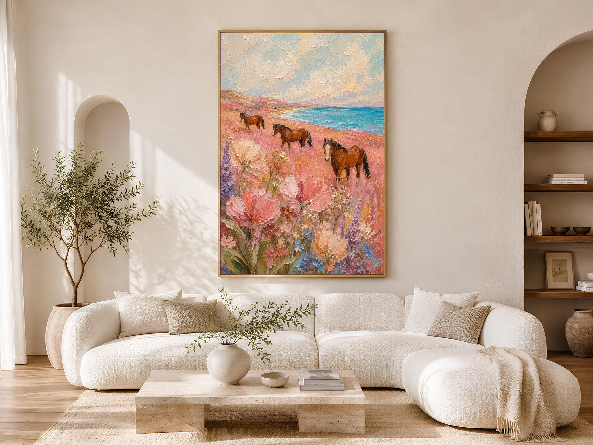 Three chestnut horses in a pink wildflower coastal meadow impasto painting in a gold frame above a curved white sofa in a bright Scandinavian living room with warm wood coffee table and natural light
