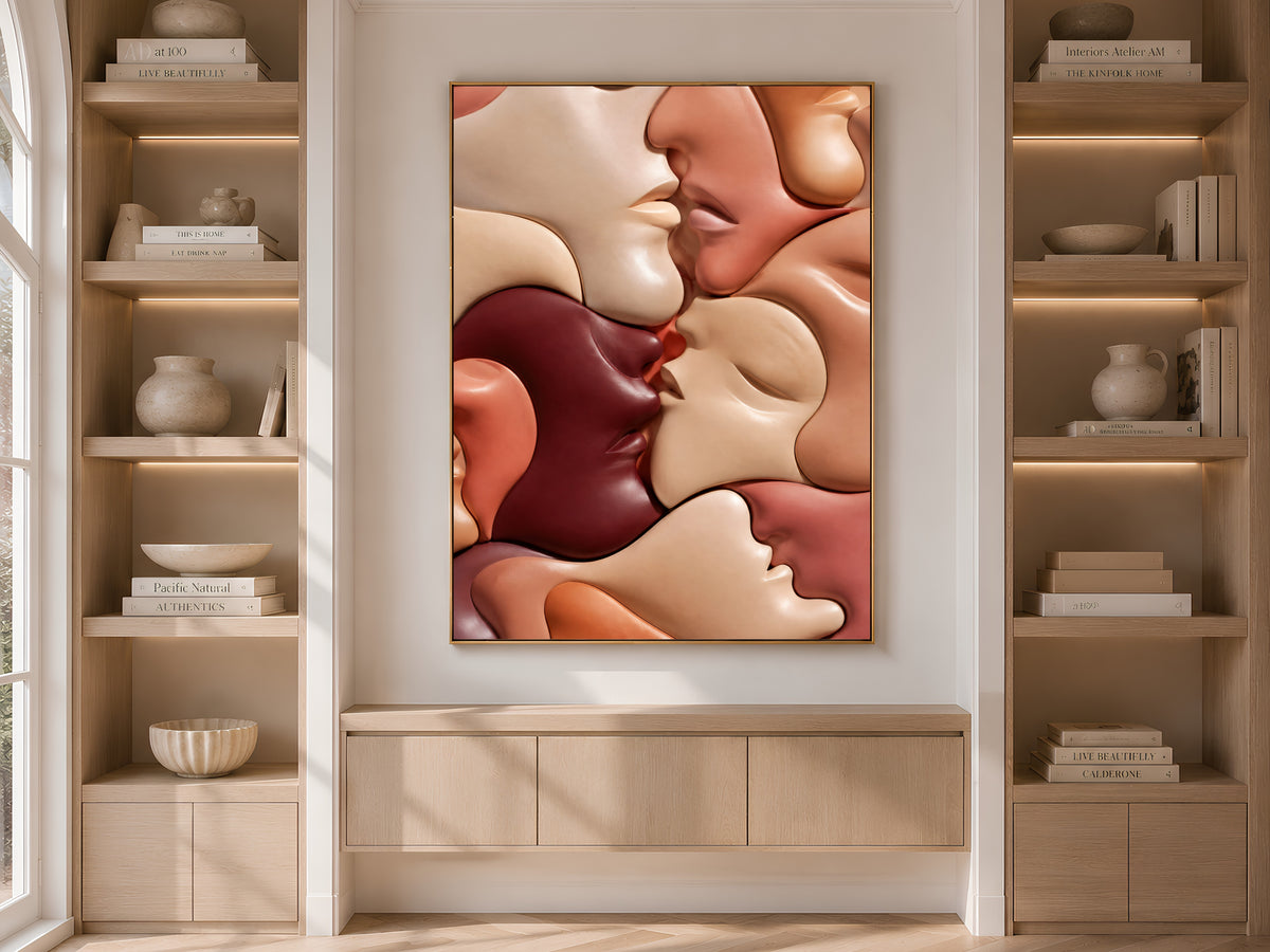 Abstract Kissing Faces Wall Art, Warm Terracotta Couple Print - Digital Download