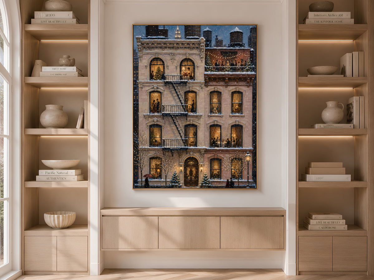 Brownstone wall art framed on built-in bookshelf in neutral living room
