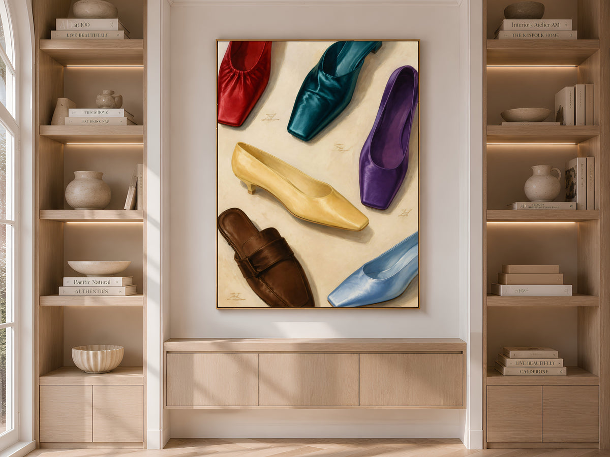 Fashion wall art framed print in living room with bookshelf storage
