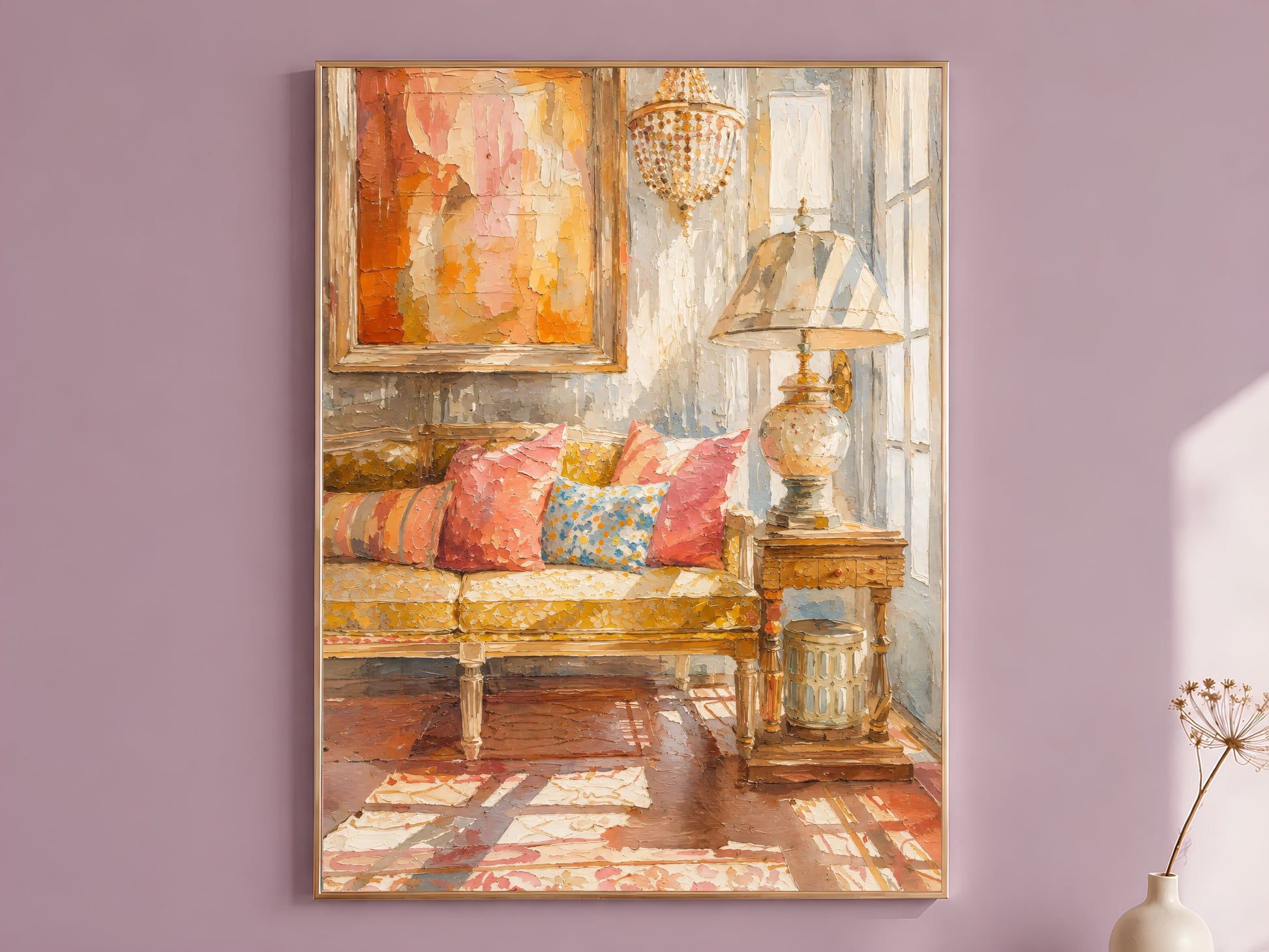 Terracotta abstract impasto wall art print in a gold frame above a mauve bench seat with pink and gold pillows, warm textured living room decor