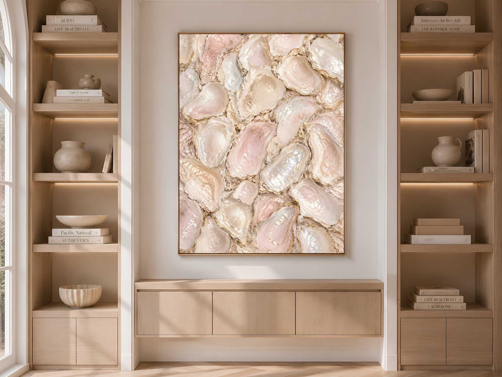 Oyster shell abstract print framed in built-in bookshelf nook, neutral living room decor