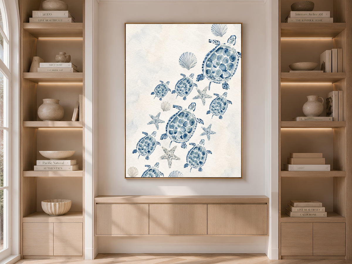 Sea Turtle Nursery Wall Art, Watercolor Blue Coastal Print - Digital Download