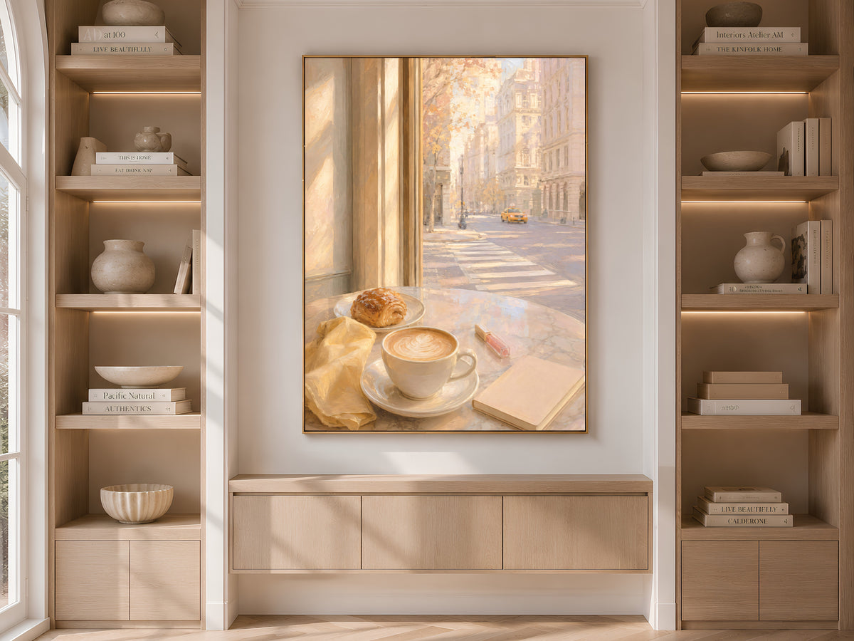 Cafe Window Wall Art, Light Academia Print, Pastel Morning Coffee Painting - Digital Download
