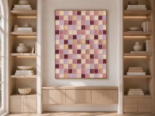 Rose lavender mosaic wall art framed on a built-in bookshelf with books and decor
