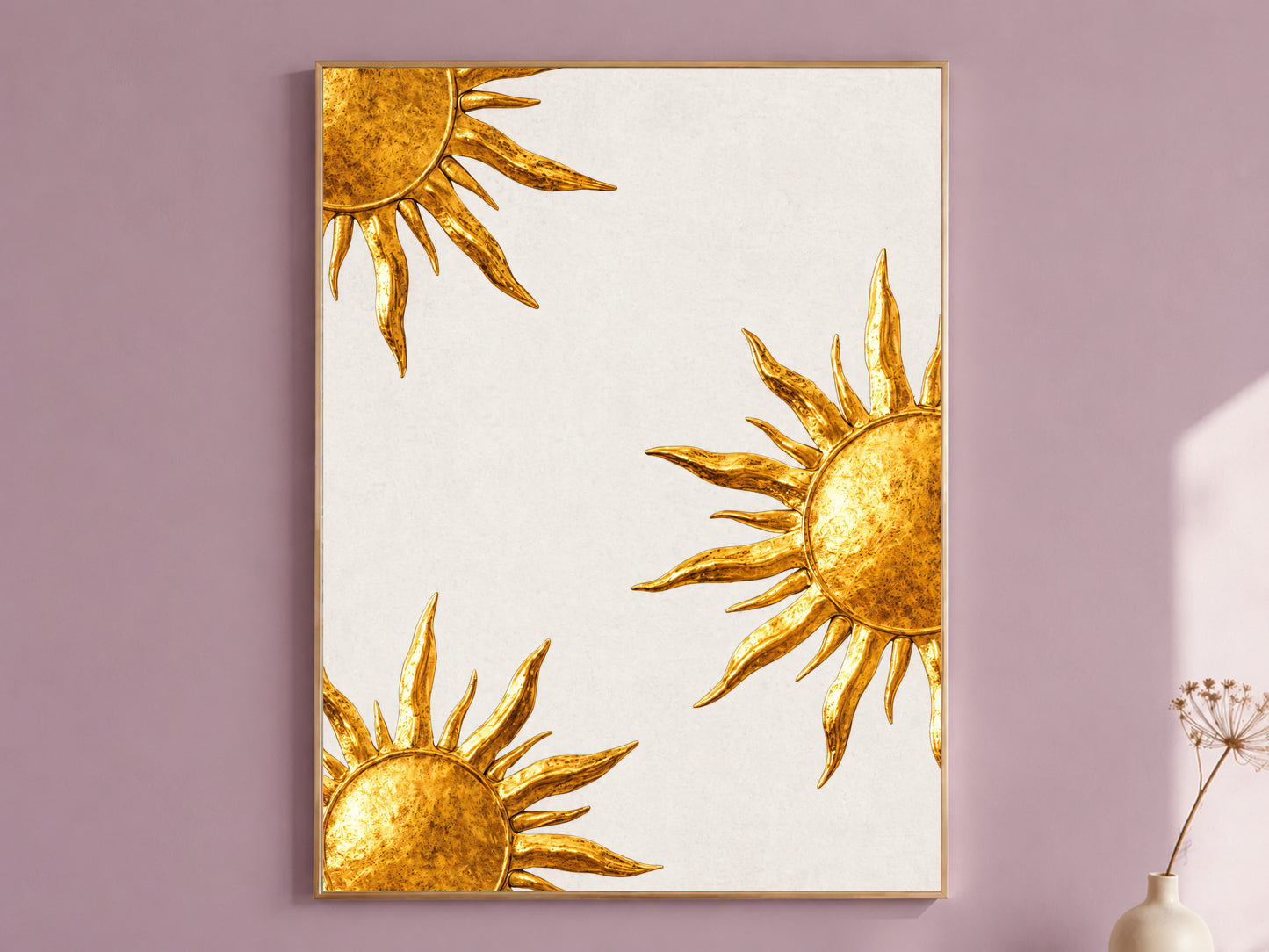 Gold sunburst wall art print on canvas, antique gold sun medallion print, mauve wall mockup
