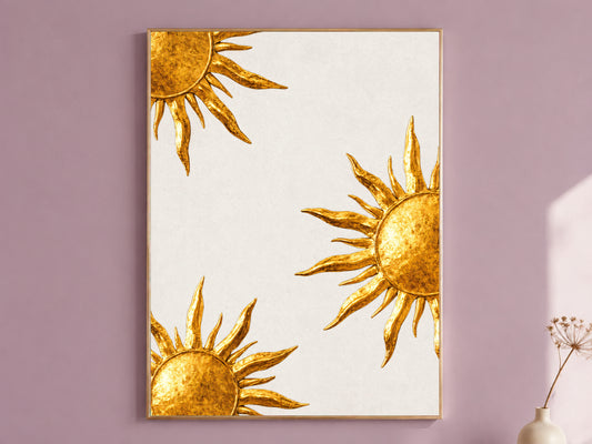 Gold sunburst wall art print on canvas, antique gold sun medallion print, mauve wall mockup