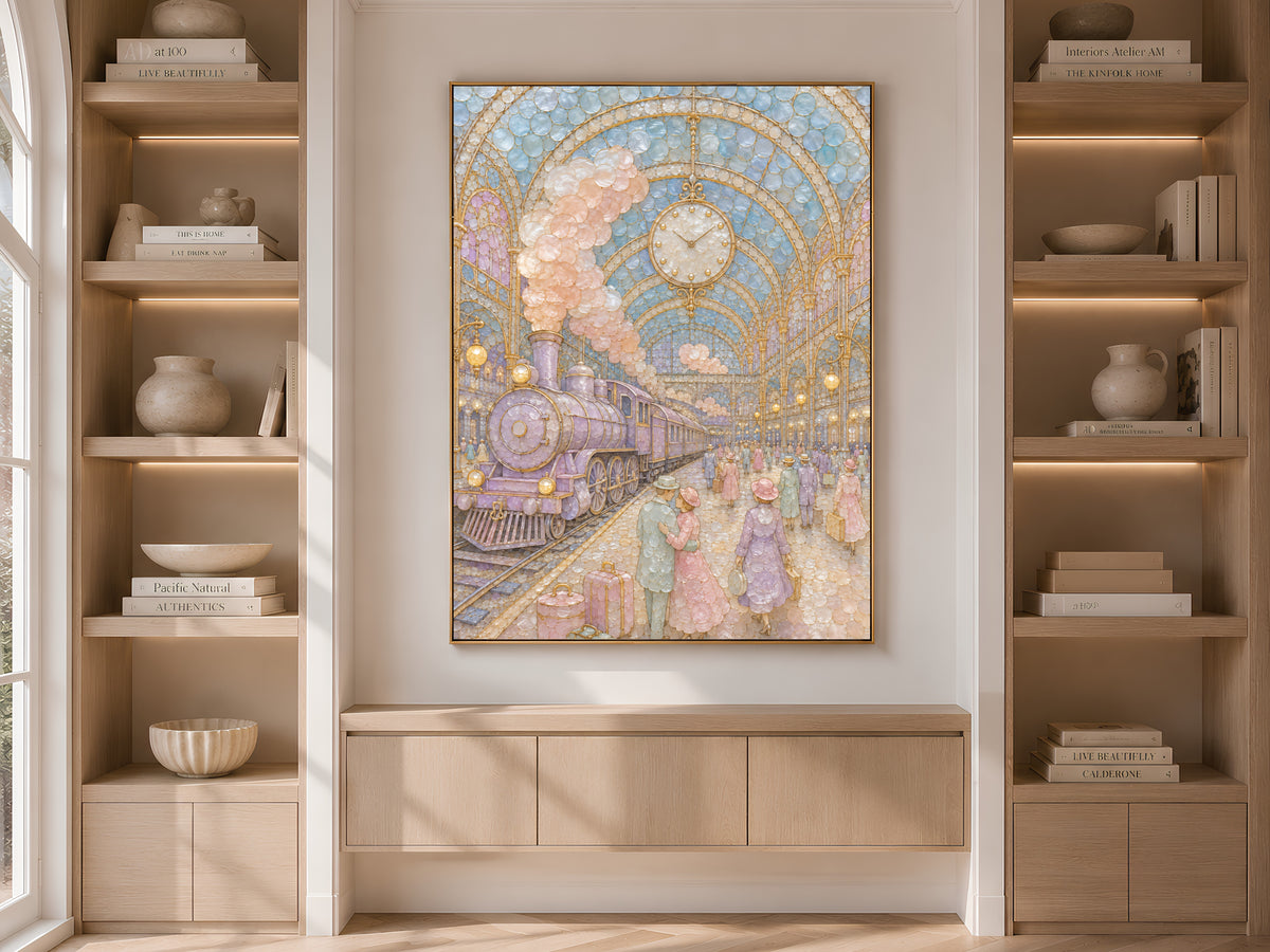 Pastel Vintage Train Station Wall Art, Whimsical Mosaic Print - Digital Download