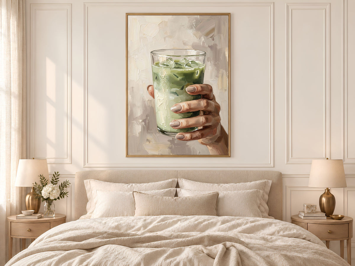 Matcha Latte Wall Art, Impasto Oil Painting Print - Digital Download