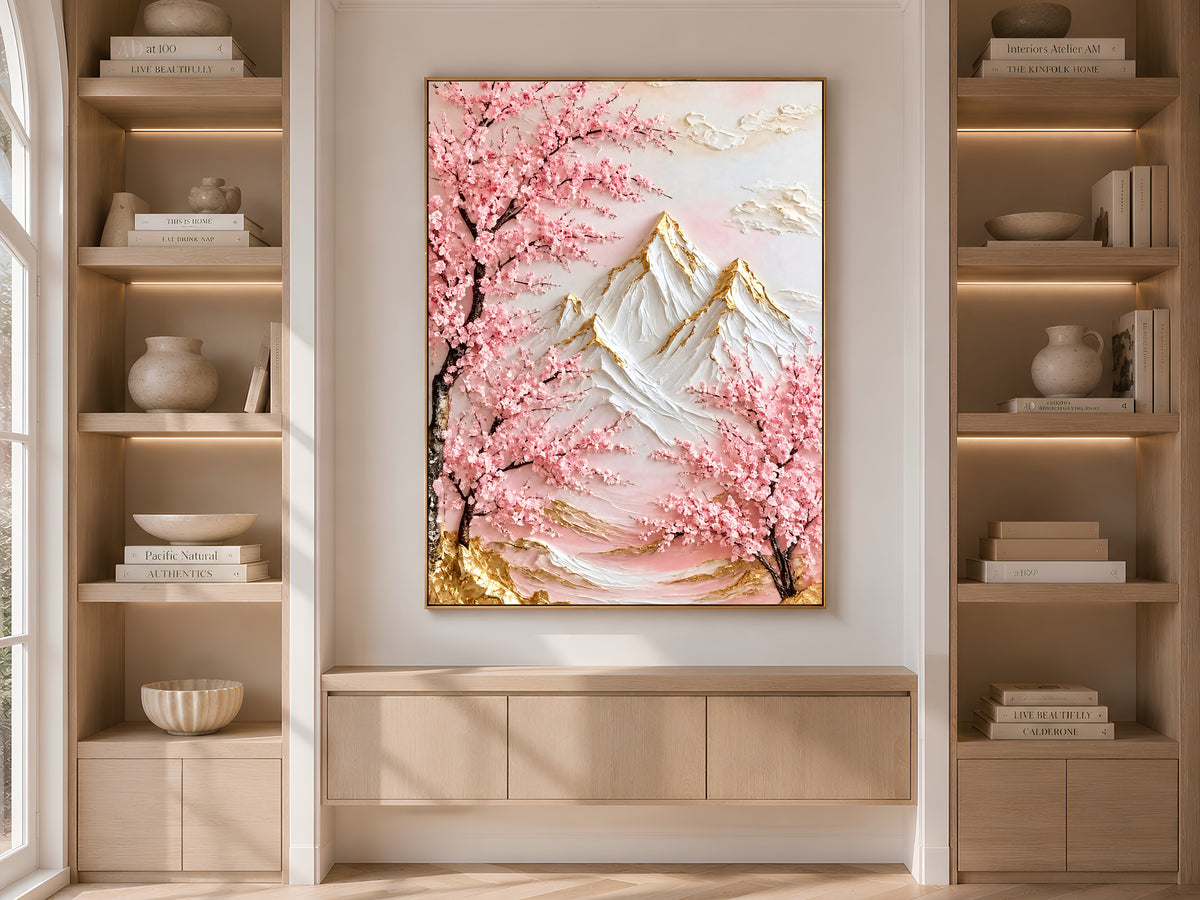 Gold-framed cherry blossom mountain art displayed on a console table between built-in bookshelves
