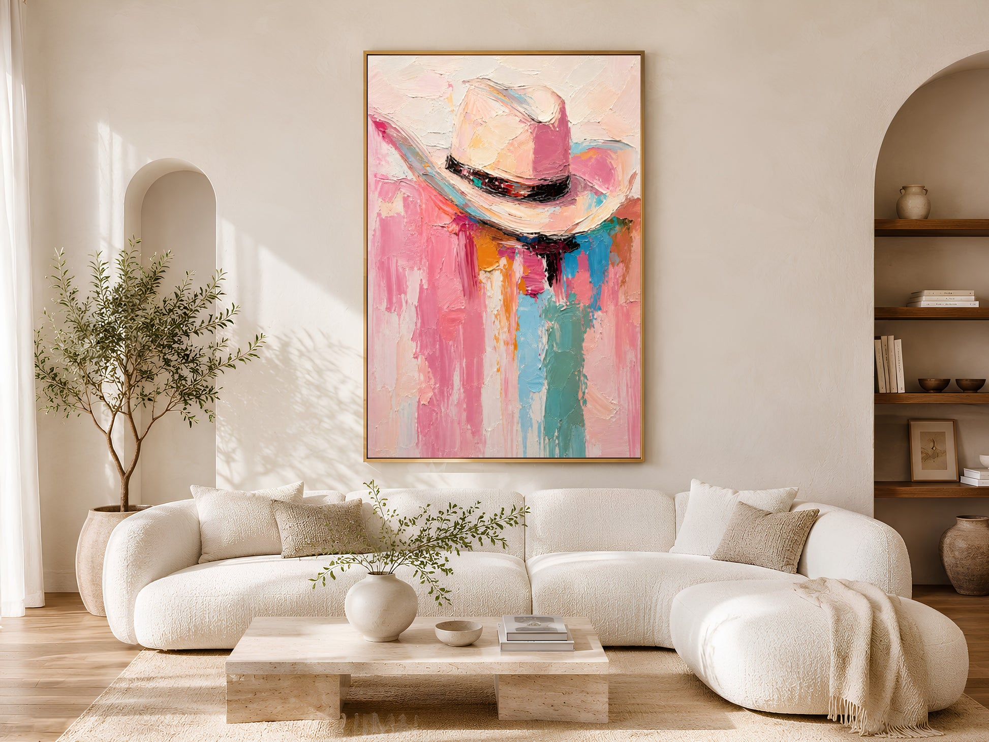 Framed impasto cowgirl hat wall art on warm white wall in minimal living room with curved cream sofa and arch window
