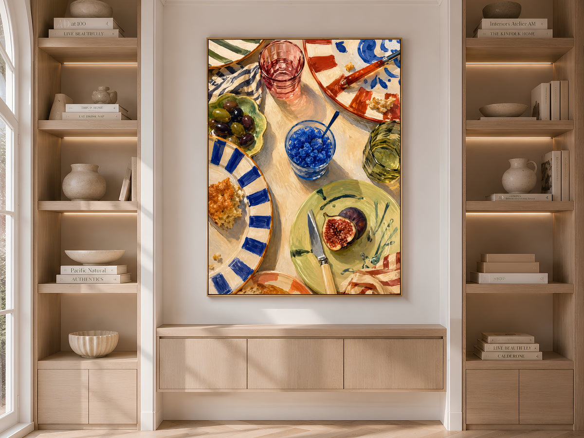 Italian kitchen wall art framed print in living room with bookshelf storage