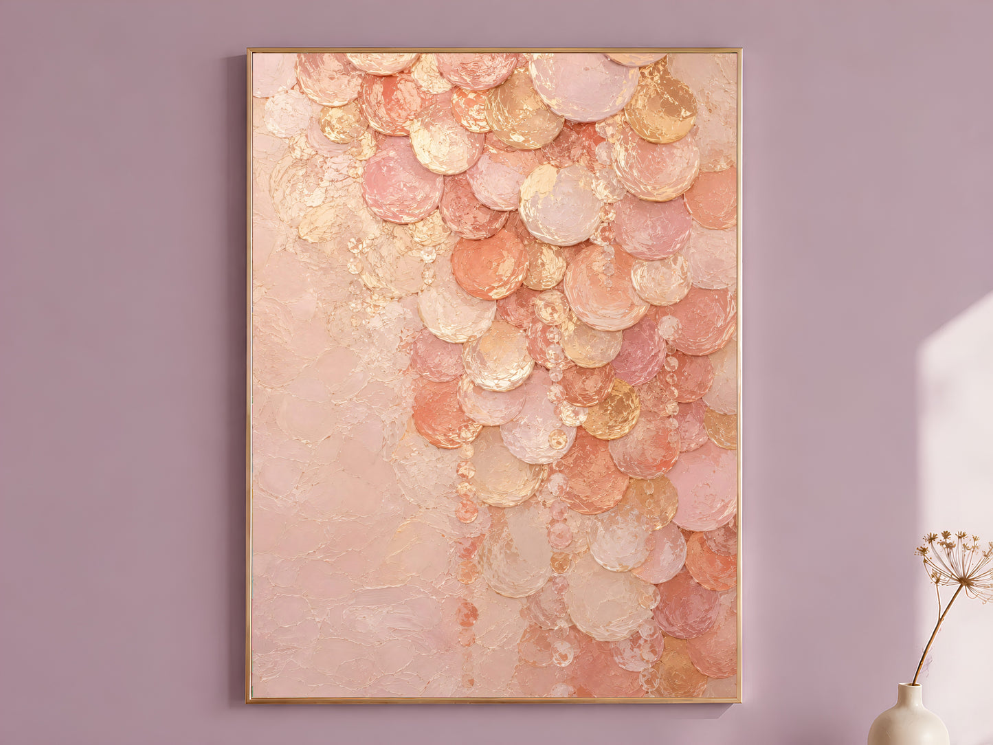 Blush pink capiz shell wall art in gold frame on mauve wall with dried flowers
