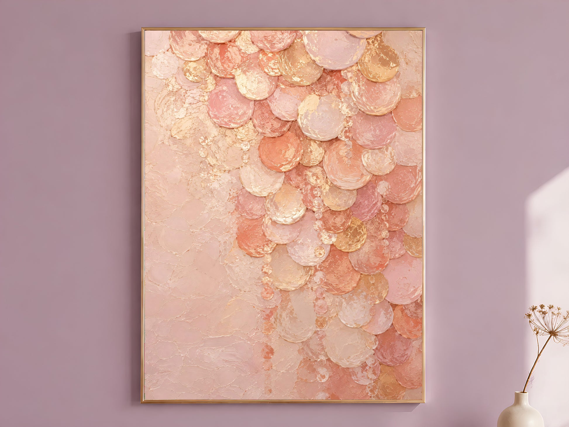 Blush pink capiz shell wall art in gold frame on mauve wall with dried flowers
