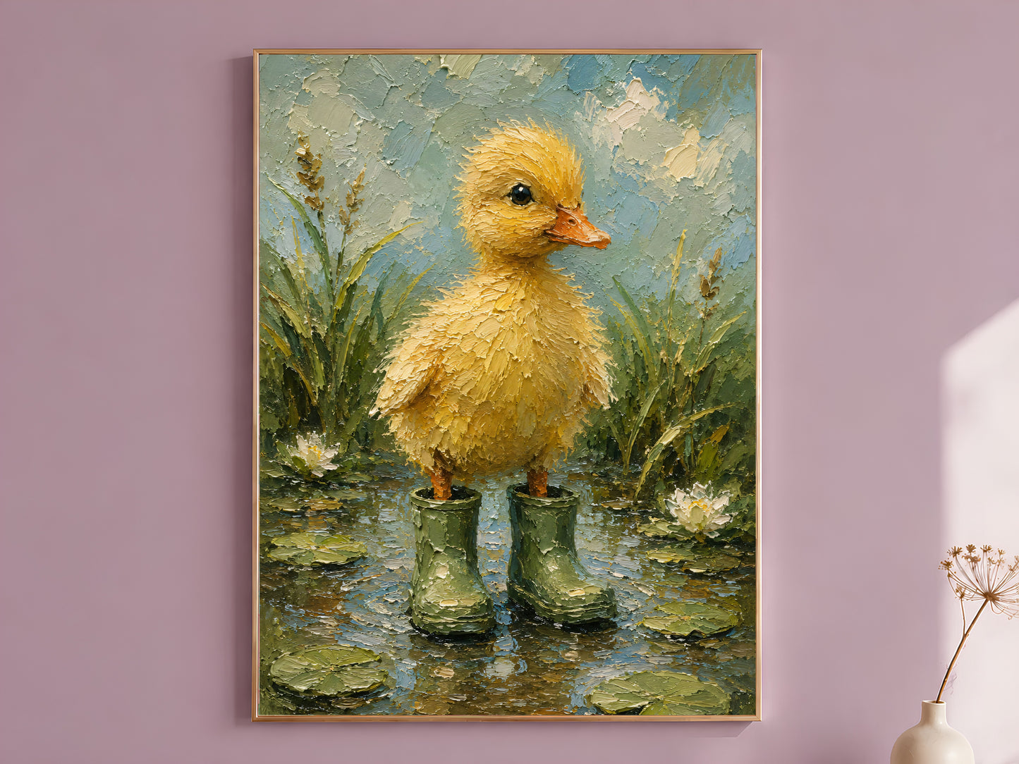 Impasto oil painting style duckling wall art print in a thin wood frame displayed against a dusty mauve wall, showing a fluffy yellow duckling in green rain boots standing among lily pads and water lilies

