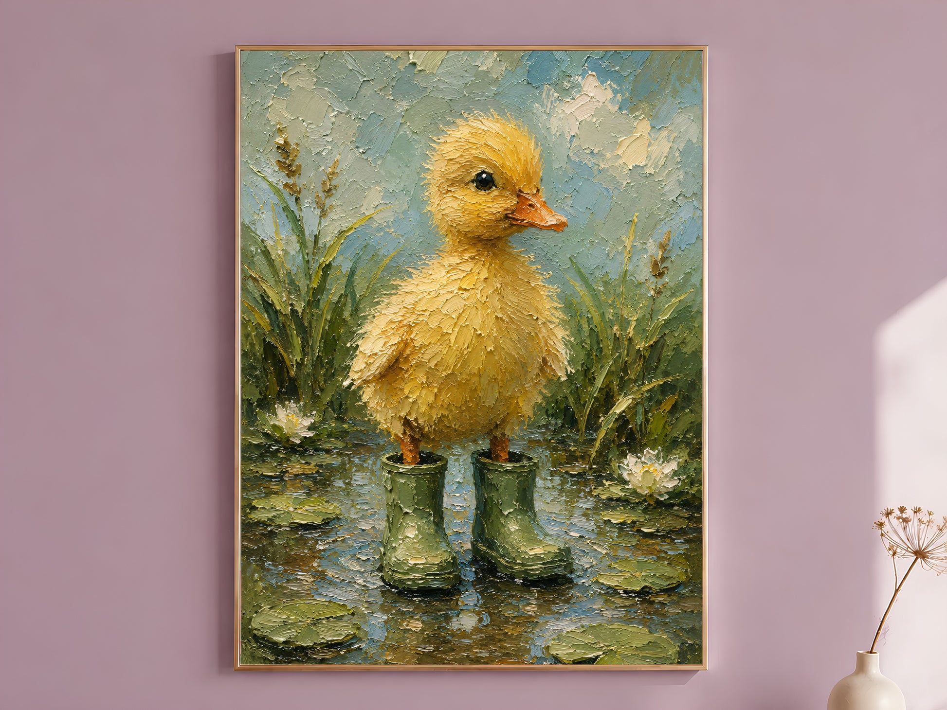 Impasto oil painting style duckling wall art print in a thin wood frame displayed against a dusty mauve wall, showing a fluffy yellow duckling in green rain boots standing among lily pads and water lilies
