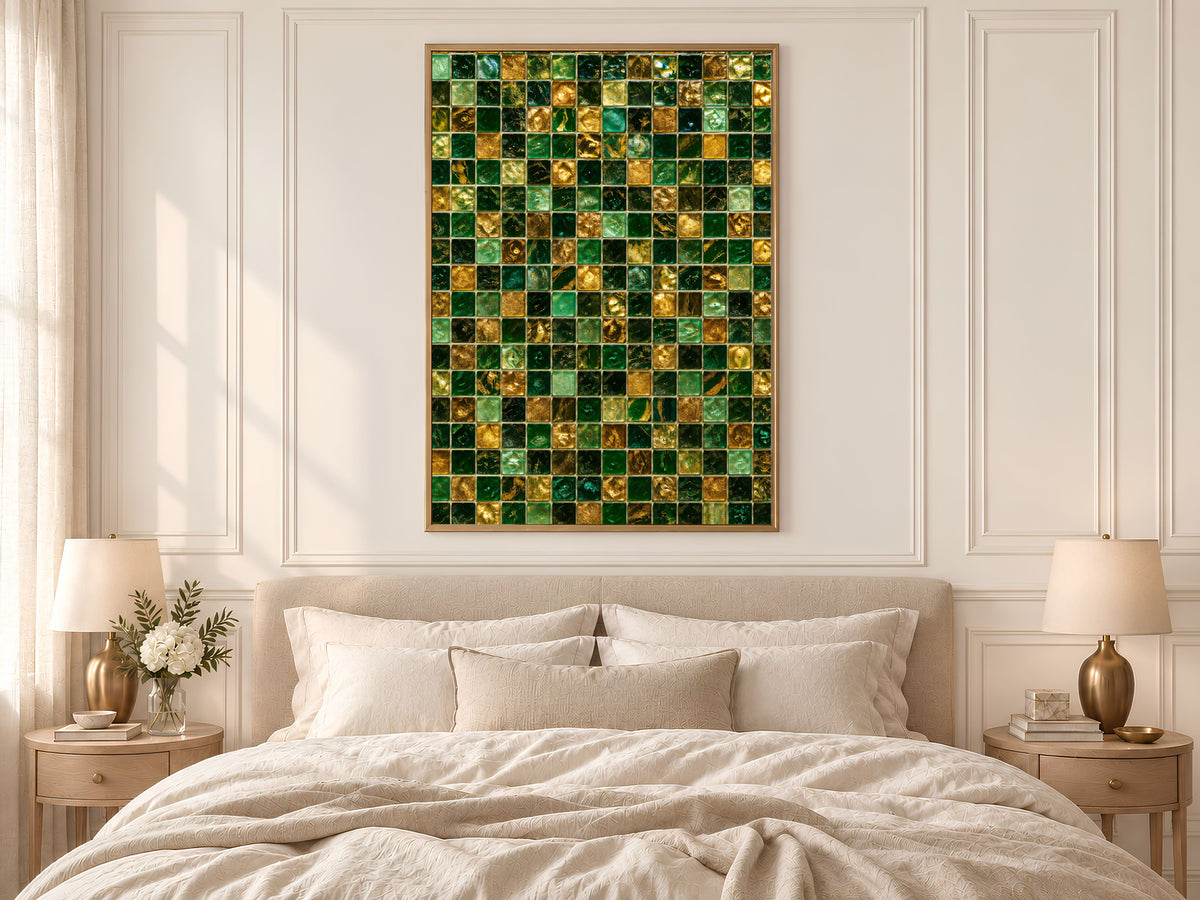 Emerald Mosaic Wall Art, Gold Glass Tile Print - Digital Download