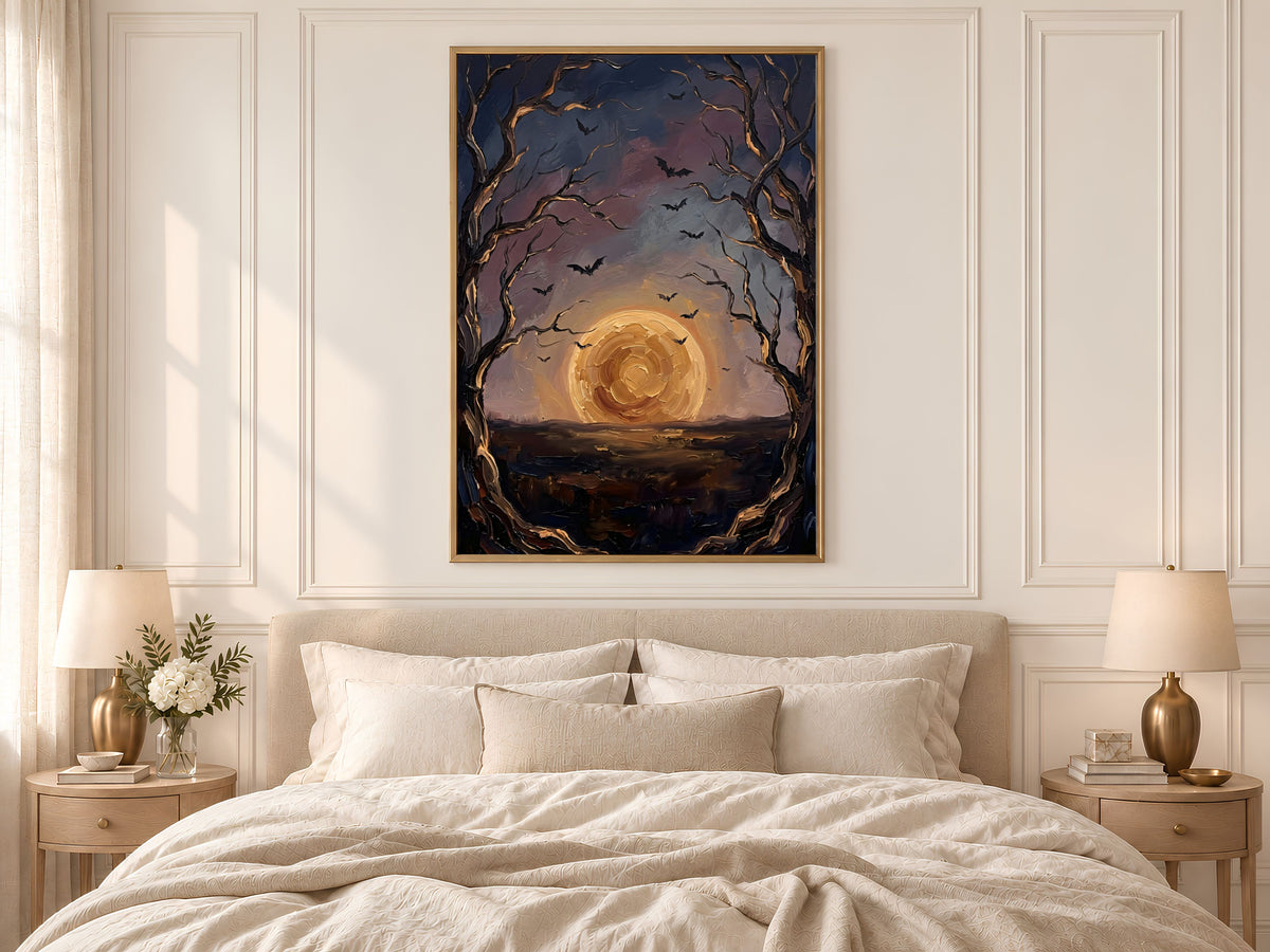 Moon and Bats Wall Art, Impasto Oil Painting Print - Digital Download