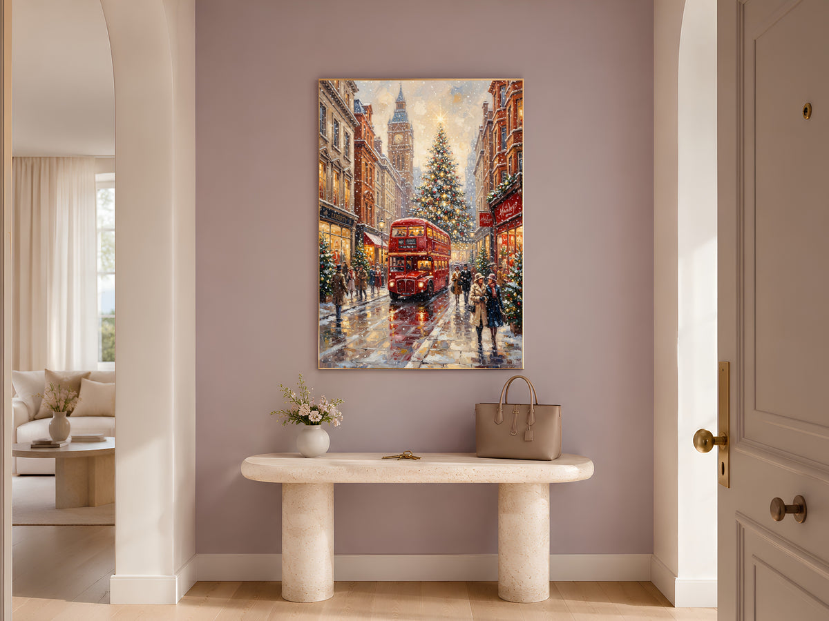 London Christmas Wall Art, Vintage Oil Painting Print - Digital Download