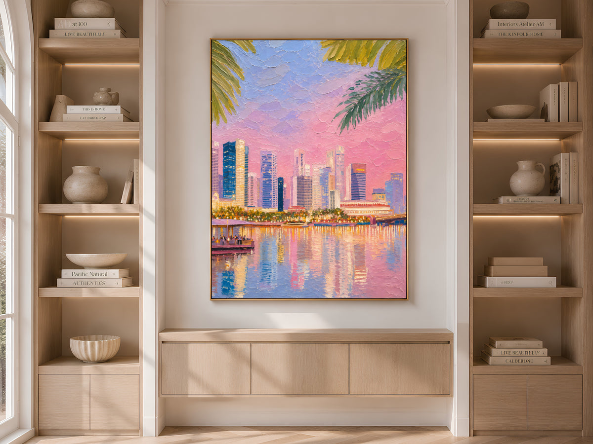 Tropical city skyline print with palm leaves displayed between styled bookshelves