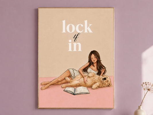 Lock TF In wall art print, girl and golden retriever illustration on blush pink and mauve background, funny dorm room decor digital download