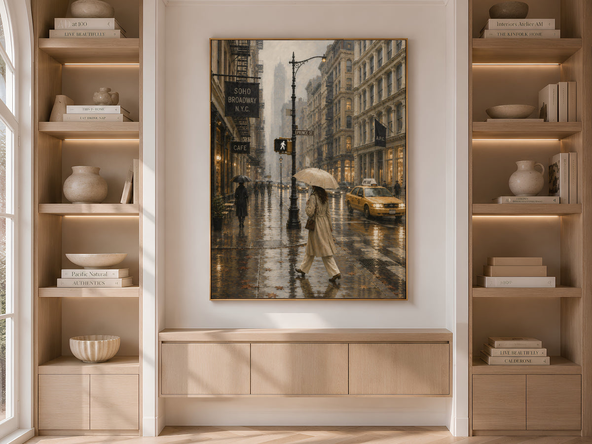 SoHo NYC wall art framed and displayed in built-in bookshelf nook with neutral decor