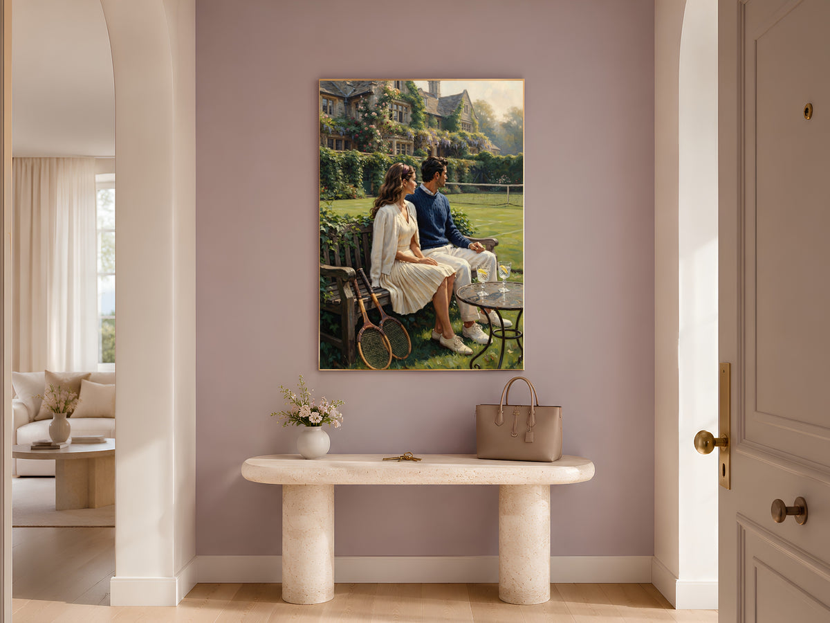 Old Money Tennis Couple Wall Art, Vintage English Countryside Oil Painting Print - Digital Download