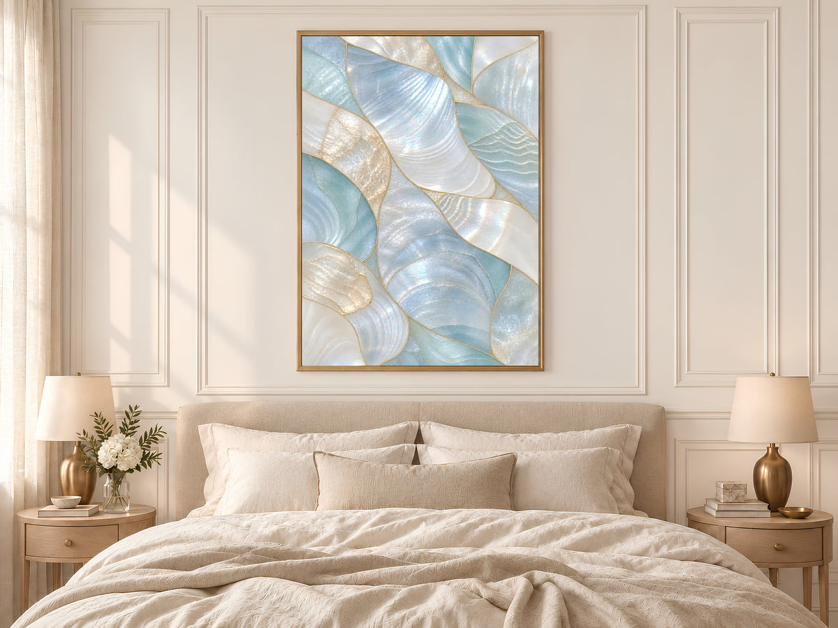 Aqua Mother of Pearl Wall Art, Seafoam Iridescent Shell Print, Coastal Bathroom Decor, Patina Blue Poster, Beach House, Instant Download