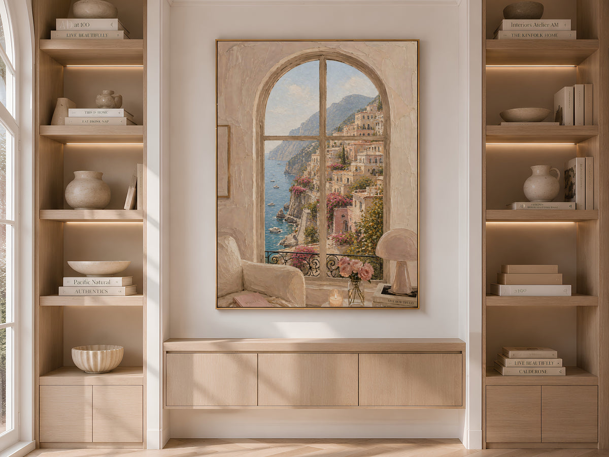 Amalfi Coast Window View Wall Art, Positano Impasto Print - Digital Download
