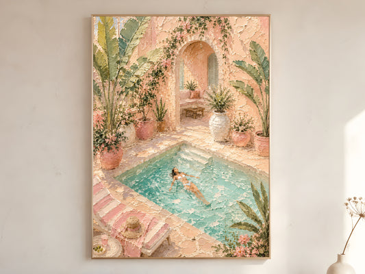 Mediterranean pool villa impasto wall art print in blush pink, teal and tropical green in a gold frame on a warm white wall with dried stems
