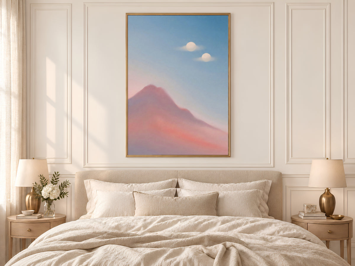 Surreal Mountain Oil Painting, Two Moons Wall Art, Pastel Pink Blue Dreamy Landscape Print, Minimalist Celestial Decor, Instant Download
