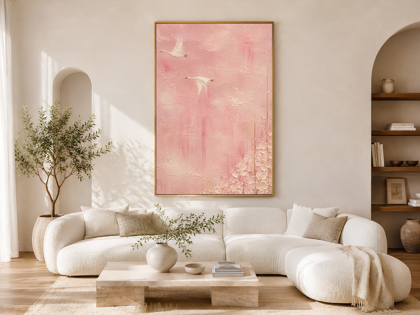Chinoiserie crane wall art print above cream sofa in living room, pink impasto bird painting digital download
