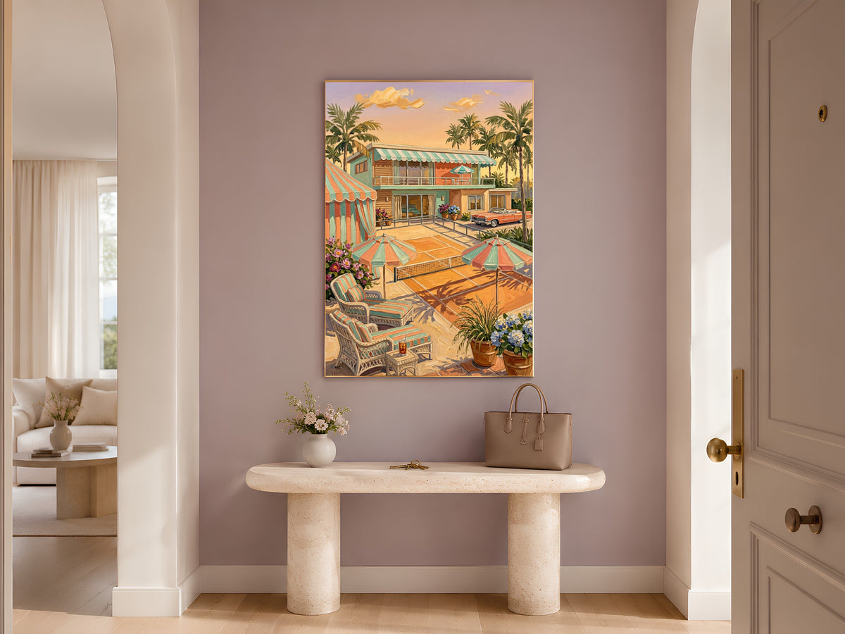 Retro Palm Springs Tennis Wall Art, Pastel Mid-Century Pool House Print - Digital Download
