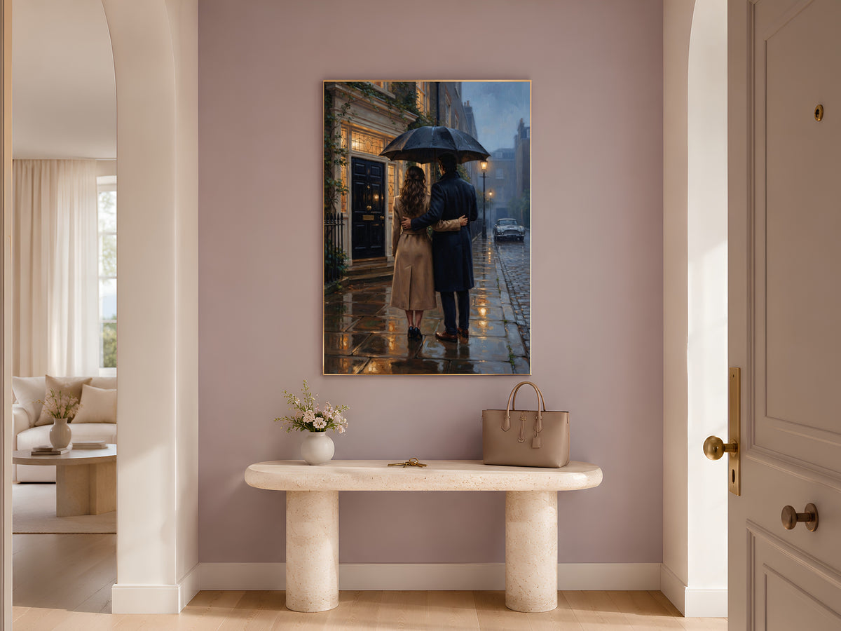 Romantic Couple Wall Art, Rainy London Street Oil Painting Print - Digital Download