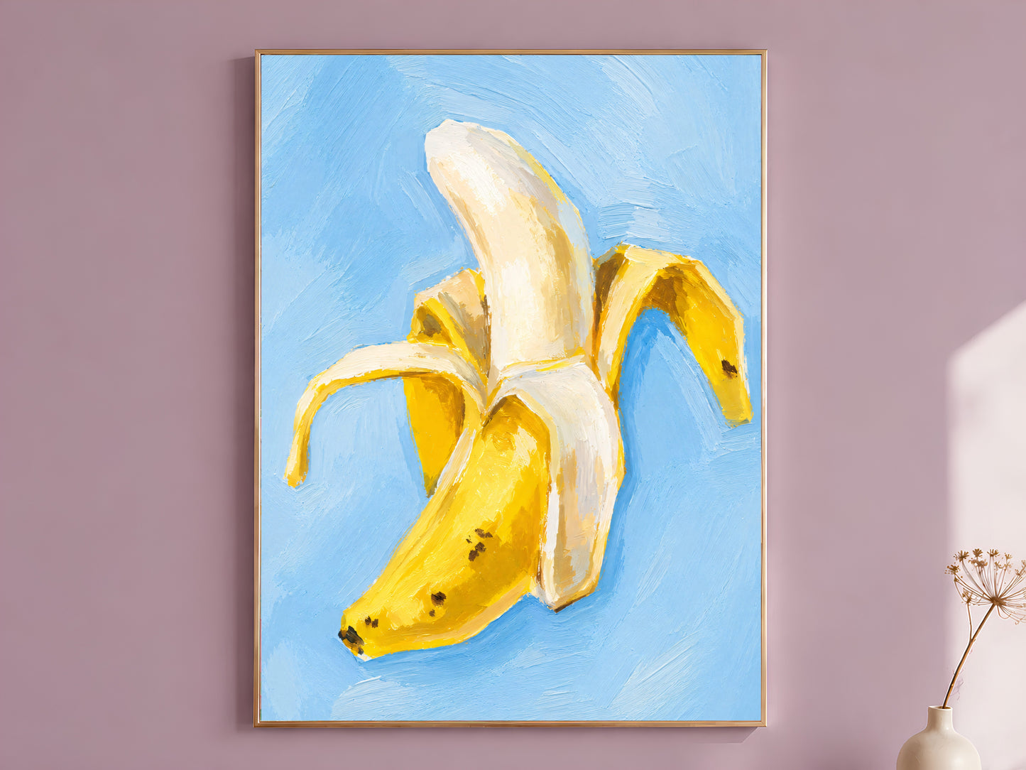 Banana still life print in gold frame on mauve wall, light blue impasto oil painting digital download
