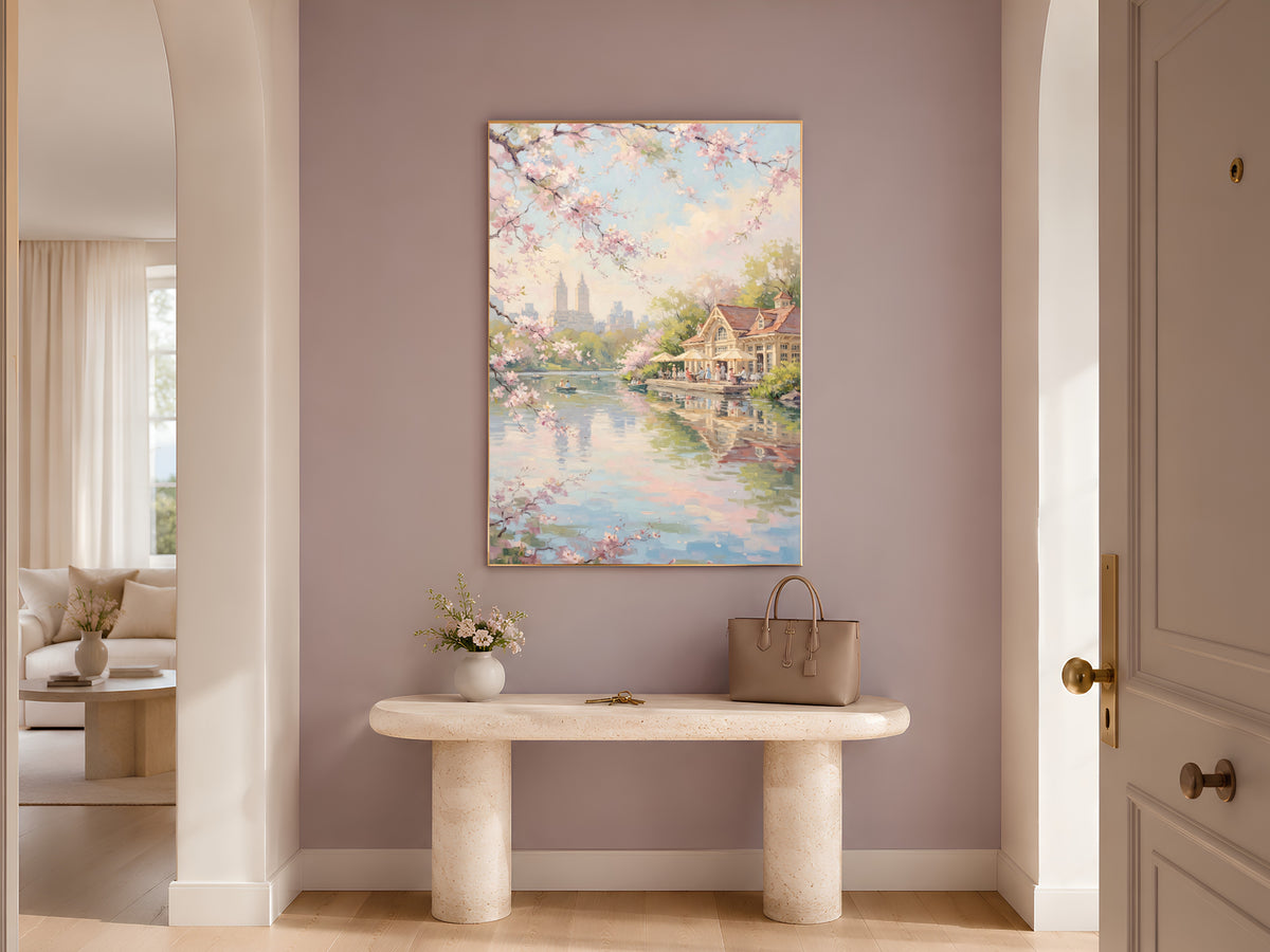 Central Park Cherry Blossom Wall Art, Boathouse Oil Painting Print - Digital Download