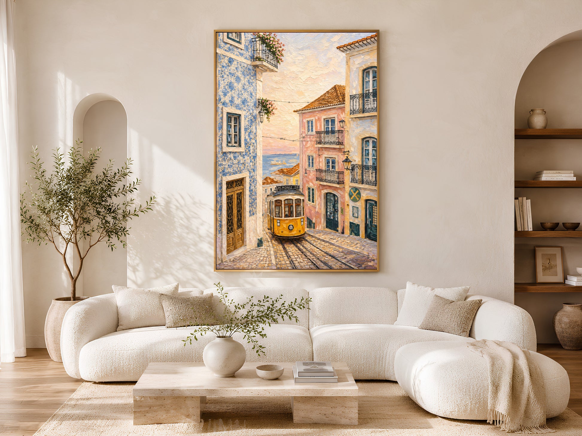 Mediterranean Lisbon tram wall art printable hanging above a cream curved sofa in a warm coastal-inspired luxury living room.