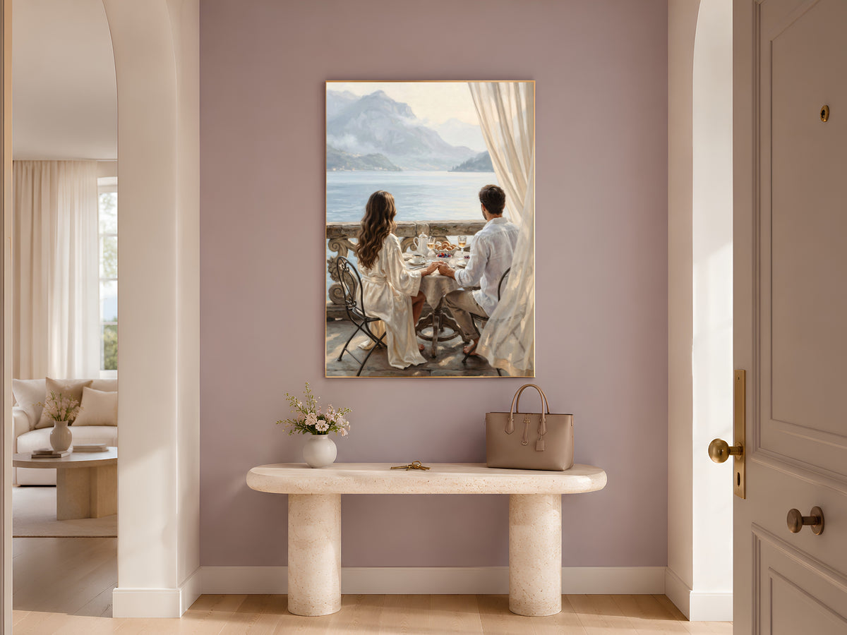 Lake Como Wall Art, Romantic Couple Breakfast Oil Painting Print - Digital Download
