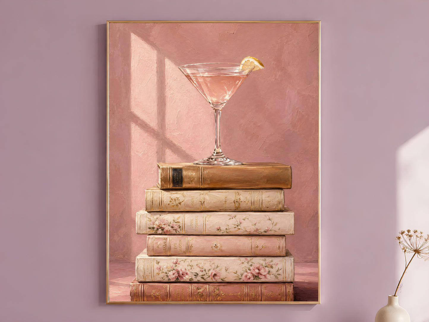 Martini cocktail still life oil painting print on mauve wall, vintage books wall art
