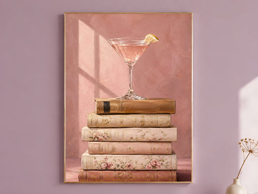 Martini cocktail still life oil painting print on mauve wall, vintage books wall art
