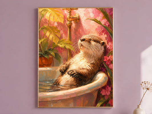 Otter in bathtub wall art print in a gold frame on a dusty lilac wall, impasto oil painting, tropical spa bathroom digital download