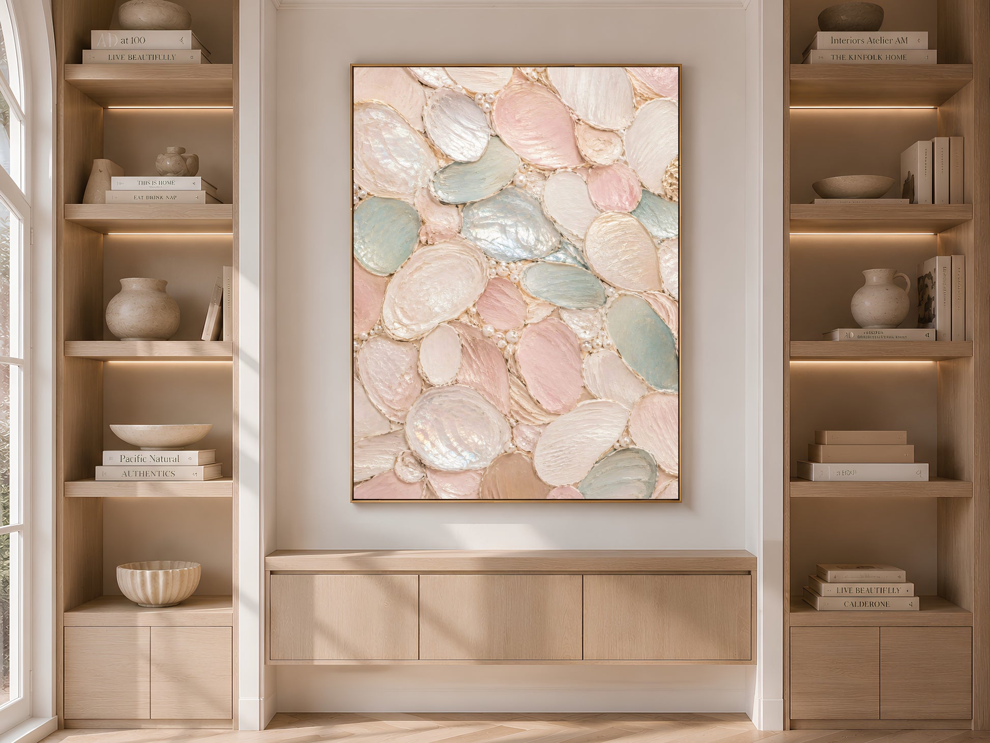 Sage green and blush pink wall art in built-in bookshelf, neutral living room decor