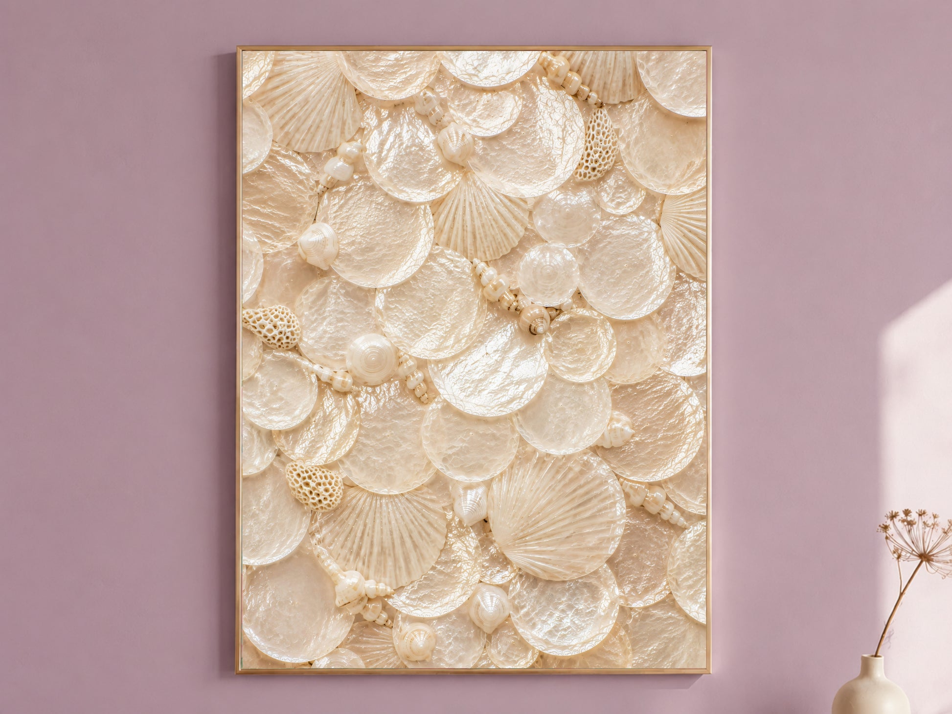 Nautilus shell wall art in a thin gold frame hanging on a dusty mauve wall, styled with a small dried flower vase.